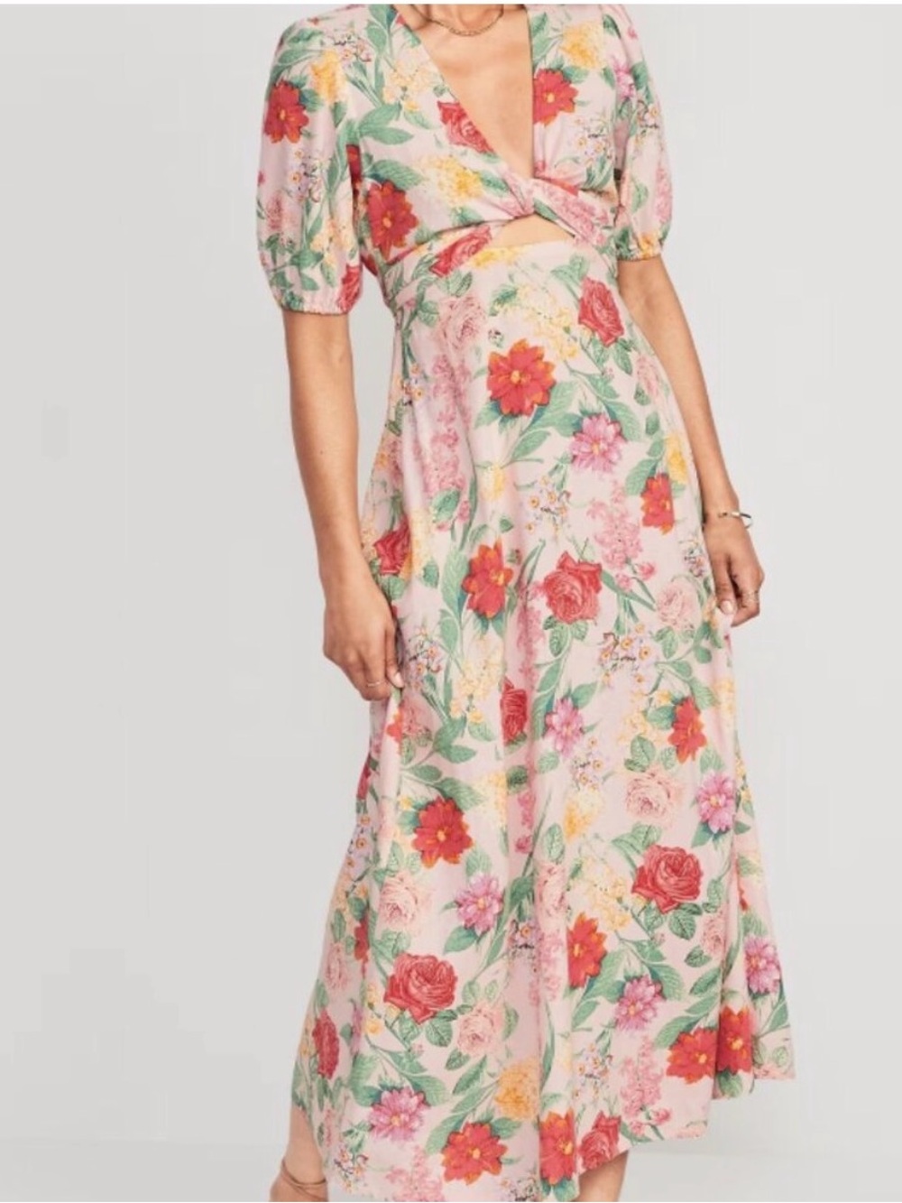 Old Navy Pink Floral Midi Dress with Red & Green Accents